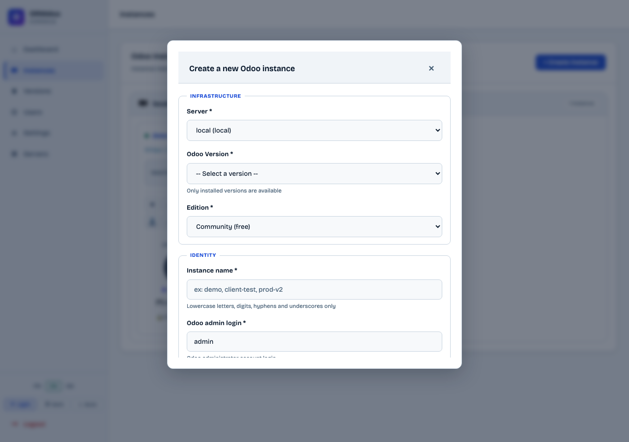 Instance creation form