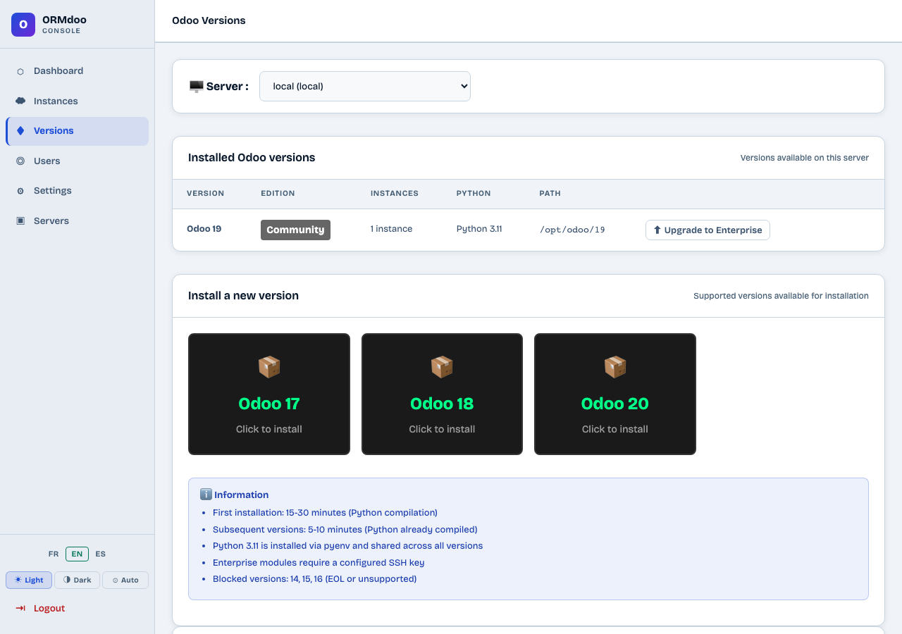 Installed Odoo versions