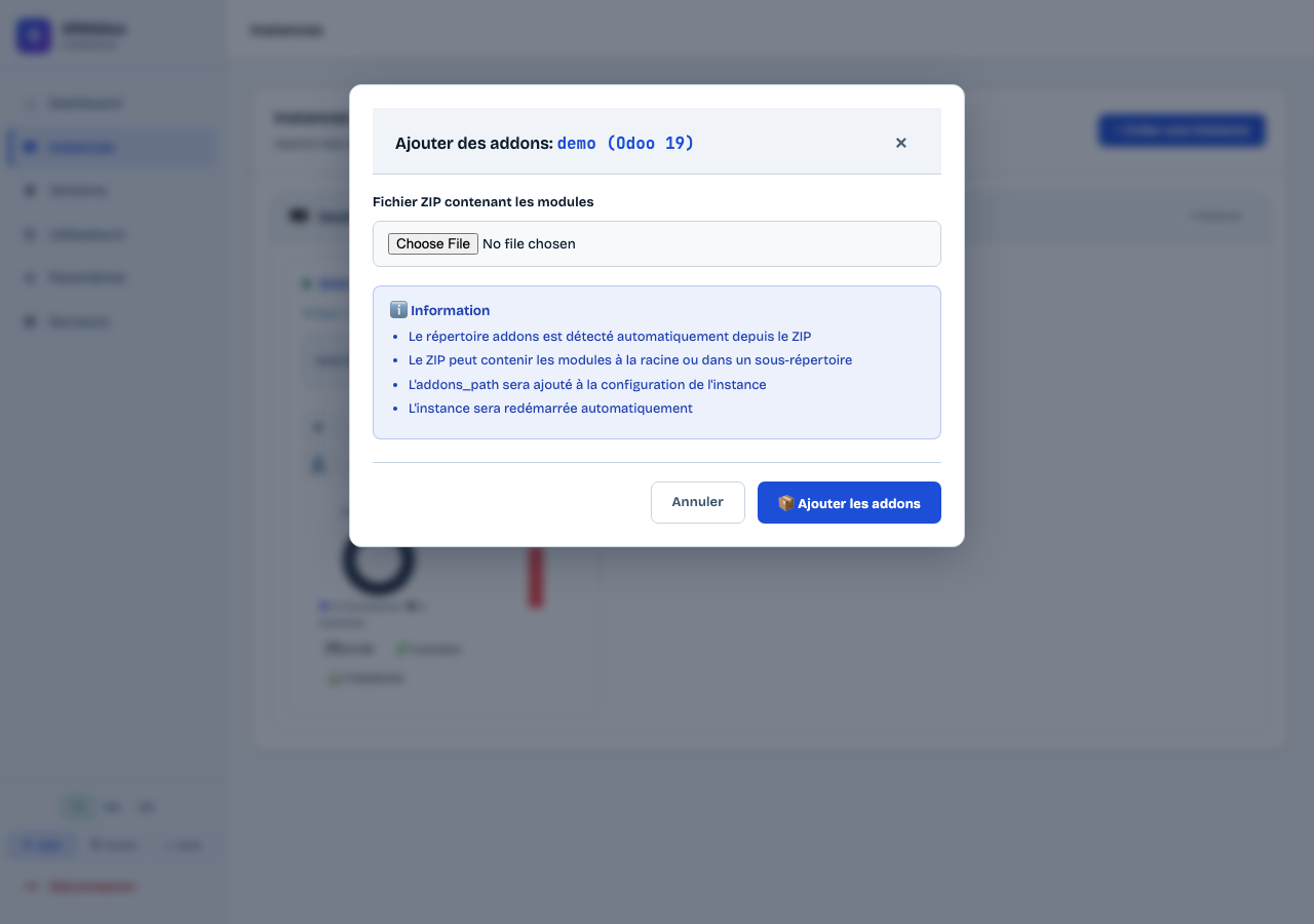 Fenêtre d'installation d'addons